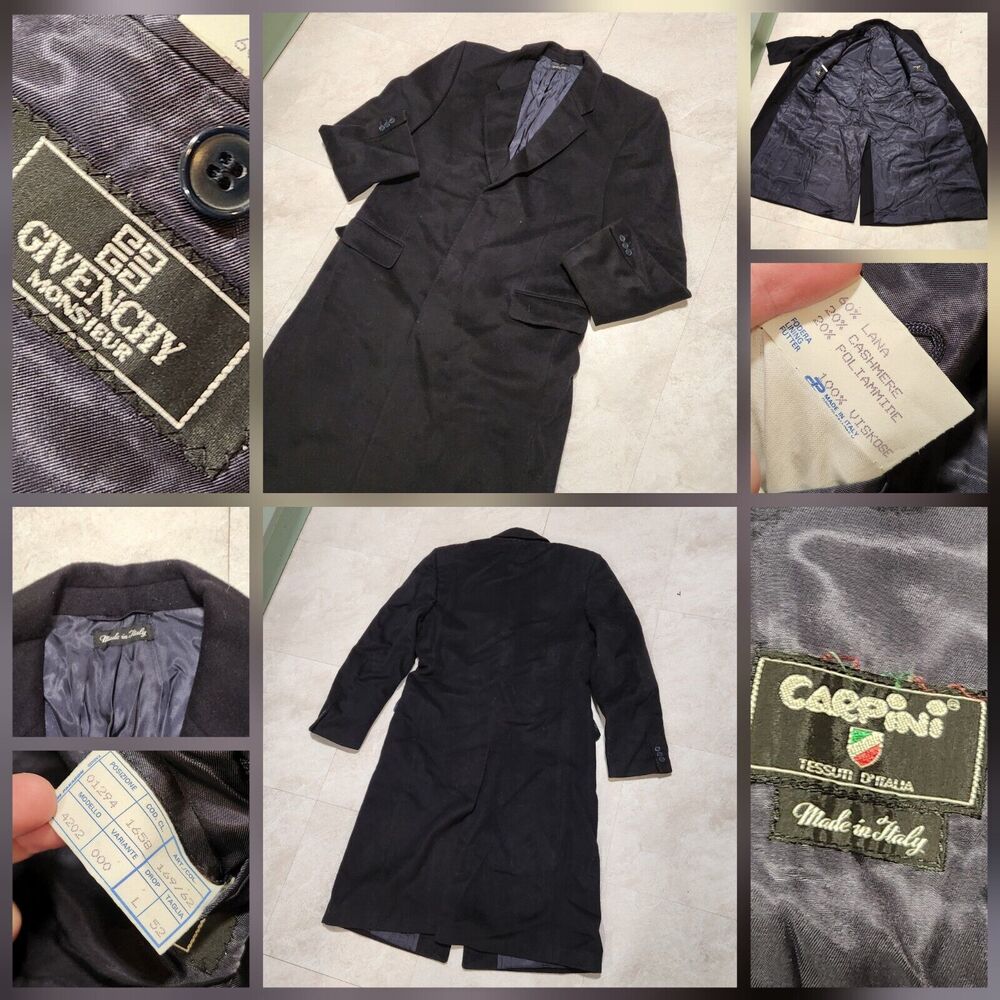 VTG Givenchy Monsieur Carpini Wool Cashmere Mens L Large 52 Black Trench Coat